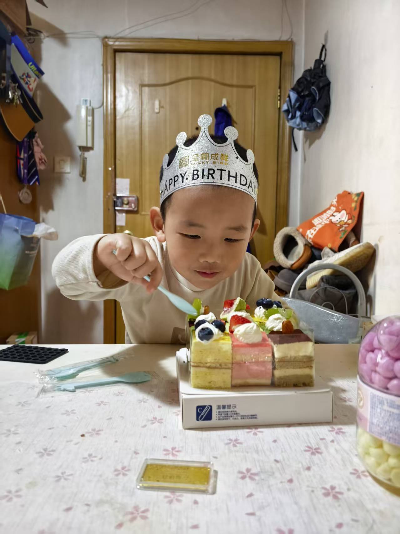 熊一只吃蛋糕的可爱瞬间